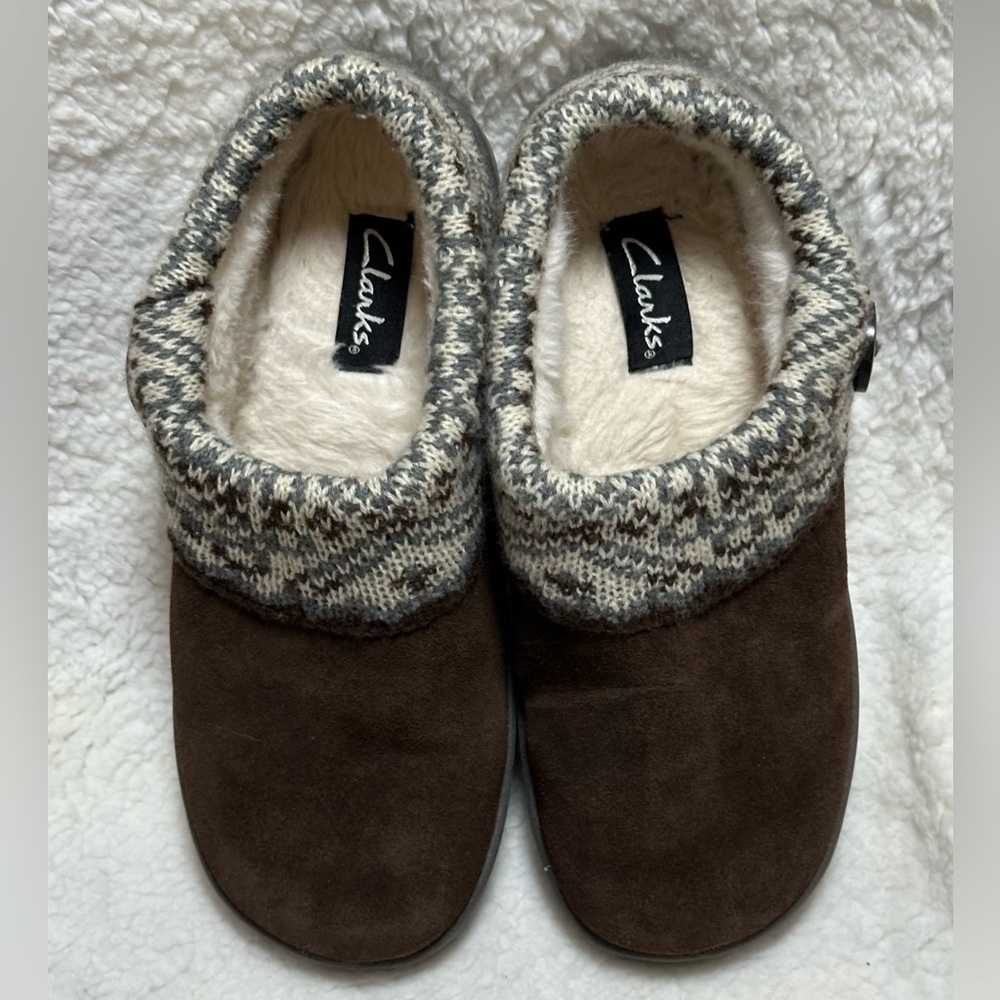 Clarks Womens Size 8M Black Leather Faux Fur Slip On Clog Slippers Knit Trim - Picture 6 of 10